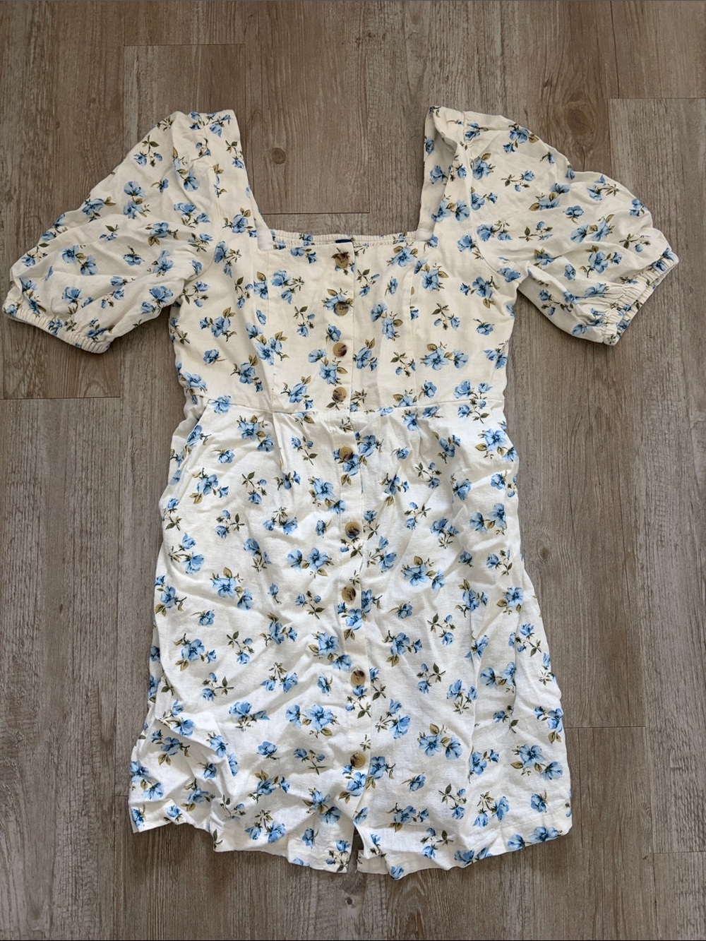 Floral Button-Front Puff Sleeve Mini Dress-Maternity linen blend